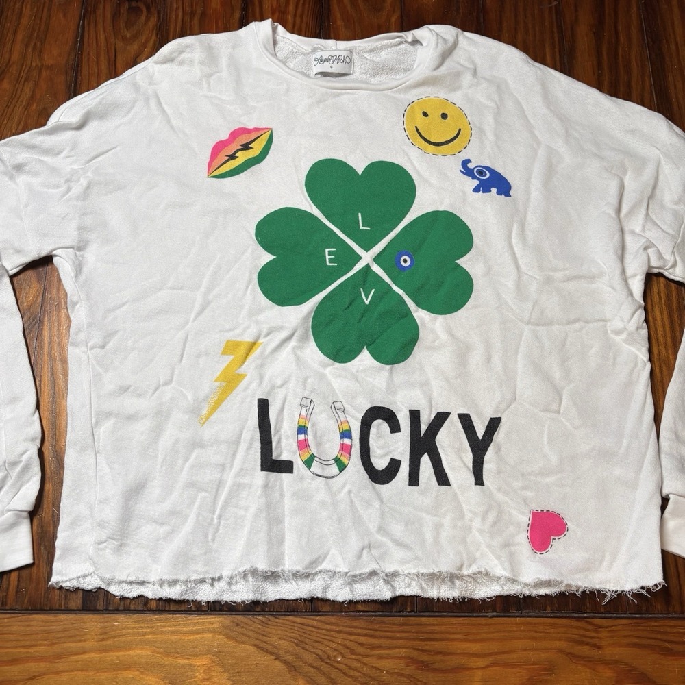 Lauren Moshi Lucky Clover Raw Hem Sweatshirt Sz S Love Lips Smiley Face A1842